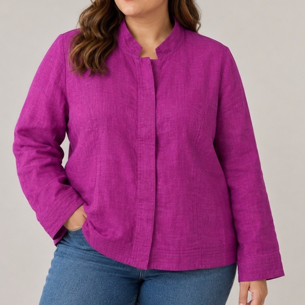 Nygard Collection 100% Linen Jacket Women's 16 Magenta Hidden Button Mandarin
